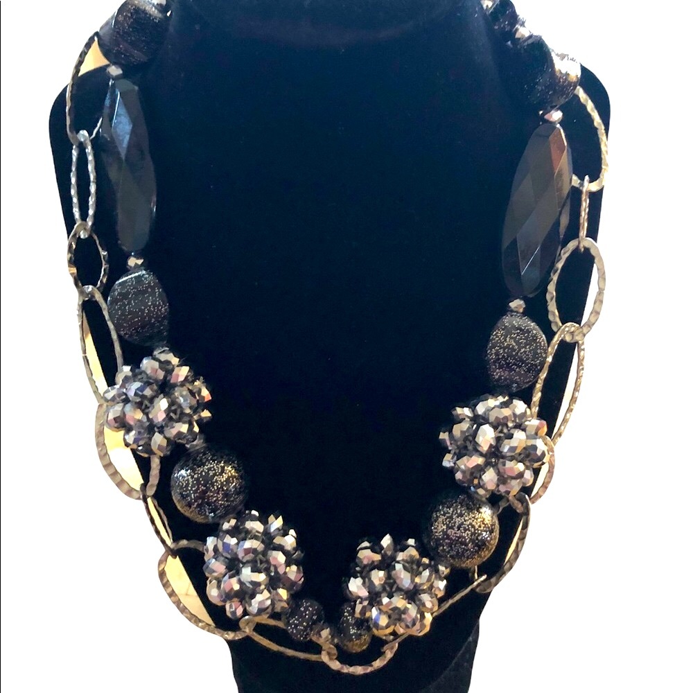 Glam Goth Disco Silver Black Chunky‎ Glitter Beaded Double Chain Necklace
